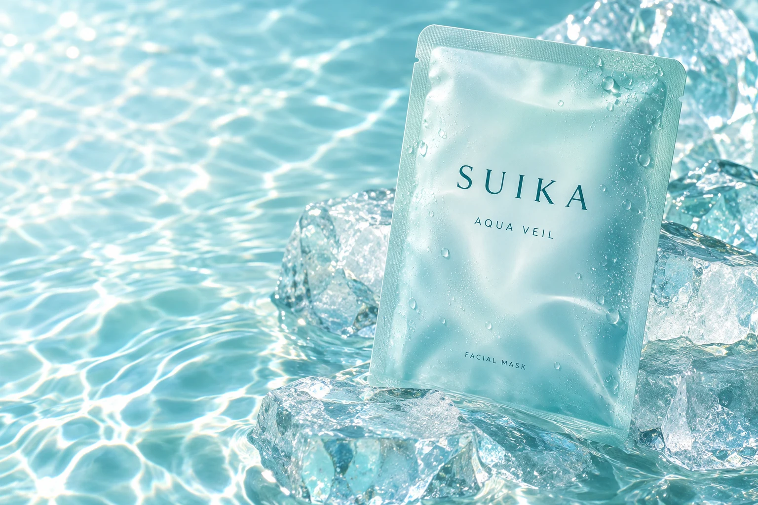 透明な氷と水面に置かれたSUIKA AQUA VEILのオリジナルパッケージ