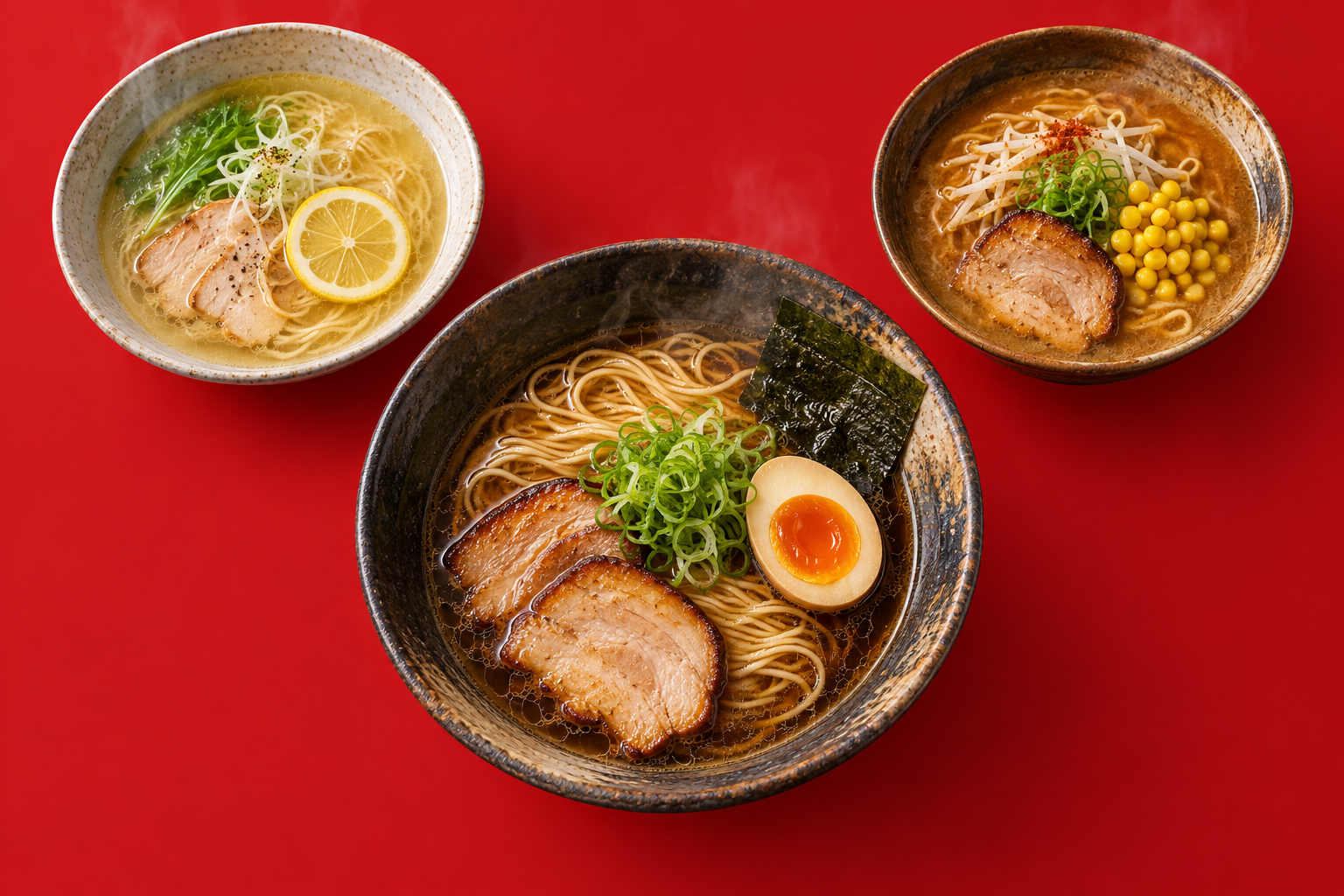 醤油、レモンを添えた塩、味噌の三種類のラーメン
